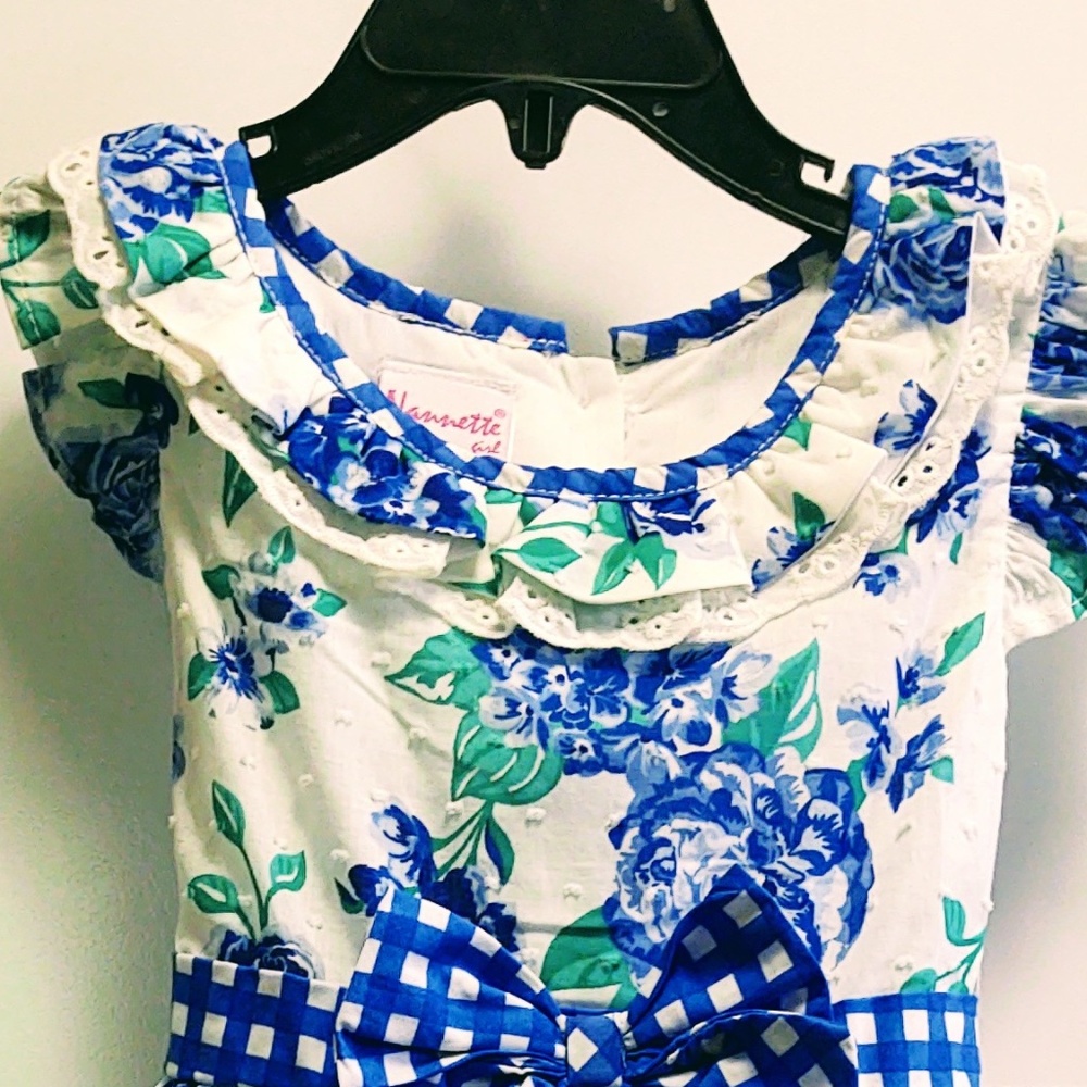 NWT NANNETTE GIRL BLUE/WHITE FLORAL POLY/COTTON PETTICOAT FLUTTER SLEEVE DRESS 5 - Picture 13 of 13